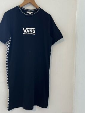 Vans Black Tee Dress with White Logo and Checkerboard Trim